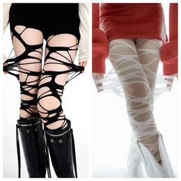 Sexy Socks Punk Gothic Hollow Out Sexy Pantyhose Woman Y2K Devil Cosplay Thigh High Socks Irregular Broken Hole Stretch Fishnet Stockings 240416