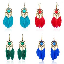 Dangle Earrings Ethnic Colorful Tassel Feather For Women Boho Retro Gold Color Long Acrylic Heart Earring Pendientes Mujer Gift