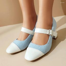 Dress Shoes Plus Size Plaid Tweed Fabric Patchwork Glossy Microfiber Square Metal Buckle Sweet Mary Jane Toe Thick Heel Pumps