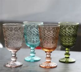 48pcs/carton European Vintage Wine Glasses Embossed Stained Goblet 7 Colors Beer Glass Cup