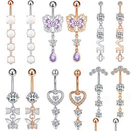 Navel Bell Button Rings For Body Stainless Steel Women Dangle Piercing Belly Love Letter Crystal Gold Sier Color Drop Delivery Jewe Dhbrd