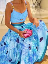 Women Summer Two Pieces Dress Suits Floral Print Elegant Beach Dresses V-neck Strap Crop Tops Long Skirts Holiday Party Vestidos 240411