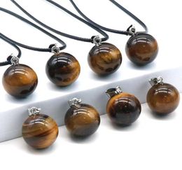 Round Gemstone Pendants Necklace Natural Dangle 14mm Ball Crystal Charms Healing Chakra Stone Charm Sphere Jewelry 45CM Black Leat2630227