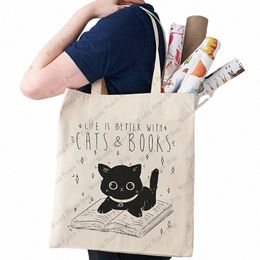 cat And Book Pattern Canvas Shop Bag, Letter Print Portable Shoulder Bag, Fi Large Capacity Tote Bag For Daily Life m4VP#