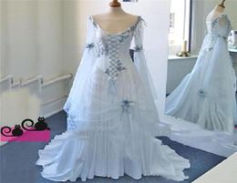 2019 Ivory and Pale Blue Vintage Wedding Dresses Long Sleeves Scoop Appliques Wedding Bridal Gowns Floor Length Custom Made Plus S2307058