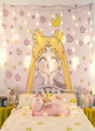 Cartoon Sailor Moon Printed Anime Tapestry Girl Dorm Room Decor Wall Hanging Tapiz Pink Tapestries 2106086671564