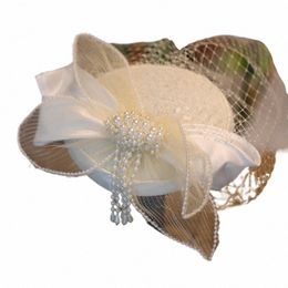 the new Sen style beautiful bowknot beaded tassel net hat bridal wedding sample travel photo and makeup modeling T3G1#