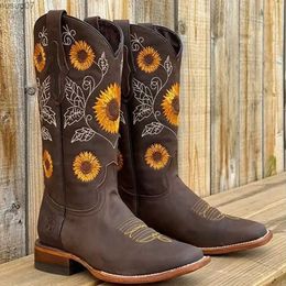 Boots New Women Coffee Brown Embroidery Boots PU Leather Printed Western Cowboy Boots Deep V-mouth High Tube Casual Boots ClassicL2404