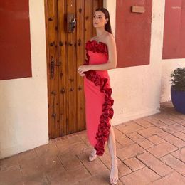 Party Dresses Red Straight Long With Ruffle Ruched Strapless Women Maxi To Birthday Prom Gowns Peplum Sleevless