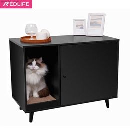 Cat Carriers Crates Houses Redlife Cat Hidden Litter Box Enclosure Furniture Storae Cabinet w/ Cat Scratcher Wooden House Side End Table Pet Crate House L49