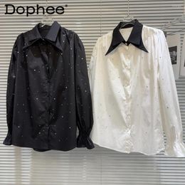Women's Blouses Office Lady White Blouse Tops 2024 Spring Double-Layer Collar Starry Drilling Long Sleeve Loose Black Shirt For Women