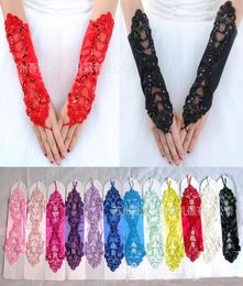 New Cheap Long Below Elbow Length Gloves For bride Black Red Fingerless Lace Pearl Beads Wedding Accessories Bridal Gloves2102852