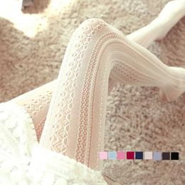 Sexy Socks Helisopus Sexy Lace Knitted Cotton Tights Women Girls Autumn Winter Hollow Out Striped Stockings Female Solid Lolita Pantyhose 240416