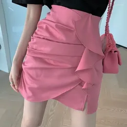 Skirts Korean Fashion Ruffles Asymmetrical Folds Splic Mini Summer Elegant Office Lady Commute All-match Bag Hip Skirt V109