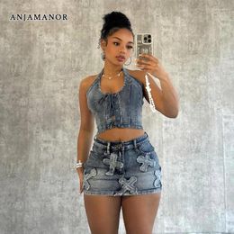 Work Dresses ANJAMANOR Two Piece Jean Outfits For Women Summer 2024 Sexy Denim Halter Top And Cross Embroidery Mini Skirt Sets D29-HG77