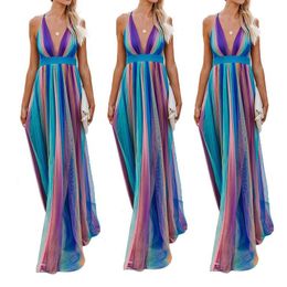 Female Dress Sexy Suspenders Deep V Rainbow Blue Print Mesh Camisole Chiffon