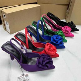 Sandals 2024 Summer Fashion Strap Sandals Rose Decoration Pump Corner Toe Sling Shoes Brand Wedding High Heel Mule J240416