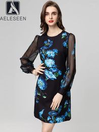 Casual Dresses AELESEEN Designer Fashion Mini Dress Women Spring Summer Lantern Sleeve Blue Flower Print Mesh Patchwork Beading Sequined