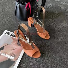 Dress Shoes 2024 Arrival Handmade Peep Toe Chunky Heels Chain Slingback Sandals Ankle Buckle Summer Career Grace Concise Comfortable