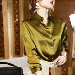 Women'S Blouses & Shirts Brand Quality Luxury Women Shirt Elegant Office Button Up Long Sleeve Momi Silk Crepe Satin Business Ladies Dhp92