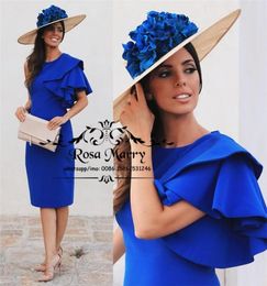 Sexy Royal Blue Cheap Cocktail Party Dresses 2019 Sheath Short Sleeves Plus Size Tea Length Arabic African Satin Formal Evening Pr6653625