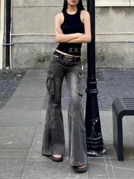 Women's Jeans Blue Gothic Bow Flare Harajuku Aesthetic Y2k Denim Trousers High Waist Cowboy Pants Vintage 2000s Trashy Clothes
