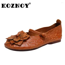 Casual Shoes Koznoy 2cm Natural Cow Genuine Leather Flats Ethnic Summer Oxfords Vintage Shallow Flower Comfy Soft Soled Women