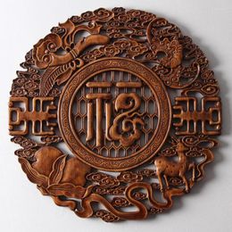 Decorative Figurines Wood Carving Pendant Craft Round Chinese Living Room Painting Background Wall Hollow Hanging Statues And Sculptures