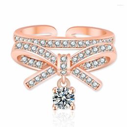 Cluster Rings Trendy 925 Sterling Silver For Lady Wedding Finger Accessories Cute Zircon Bowknot Pendant Female Rose Gold Ring Open Size