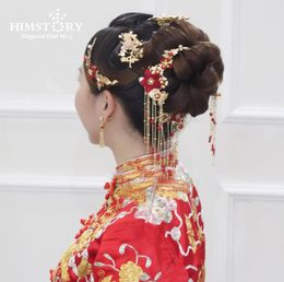 Traditional Chinese Bride Headdress Costume Hairclips Red Flower Hairpin Wedding Hairwear pography Hair Stick Accessory3784027