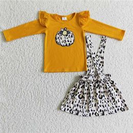 Clothing Sets Wholesale Halloween Baby Girls Clothes Fall Embroidered Leopard Print Pumpkin Orange Long Sleeve Suspenders Skirt Set