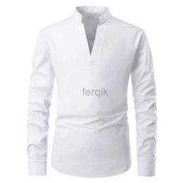 R06S Men's Casual Shirts Mens Long Sleeve Shirt Solid Color Cotton Pullover Men Fashion Slim Fit V Neck White Black Tops Male Brand Clothes 24416
