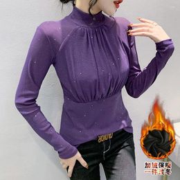 Women's T Shirts Winter Thick T-shirt Women High Stretch Folds Pleated Mesh TShirts With Inside Fleece Female Half Turtleneck Long Sleeve