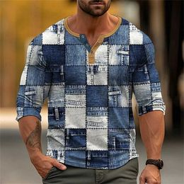 Men's Casual Shirts Vintage Colour Block Patchwork 3D Print Henley Mens Fashion Button-Down Long Sleeve T Shirt Tops Clothing 240416