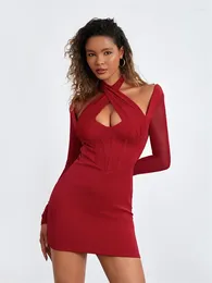 Casual Dresses Women Evening Party Long Sleeve Dress Criss-Cross Halter Corset Cut Out Bodycon Pencil Mini Sexy Elegant