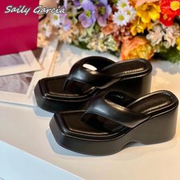 Slippers Solid Genuine Leather Sexy Wedges Flip Flops 2024 Summer All-Match Outdoor Beach Square Toe Platform Casual Shoes