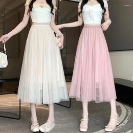 Skirts Real Pos Long Skirt Korean Fashion Midi Maxi Summer Elastic High Waist Streetwear Pink Black Mesh A Line