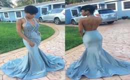 Light Sky Blue Mermaid Backless Prom Dresses Halter V Neck Beading Evening Gowns Satin Sweep Train Cheap Appliques Formal Dress9501604