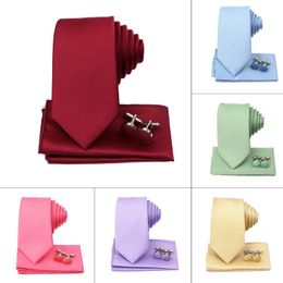 Bow Ties Men's Colourful Polyester Necktie Bowtie Cufflink Brooch Set Green Pink Business Wedding Party Shirt Accessories Gift