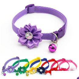 Dog Collars & Leashes Pet Cat Collar Bell Flower Adjustable Easy Wear Buckle Bells Lovely Necklace Supplies Accessories Drop Delivery Dho0B