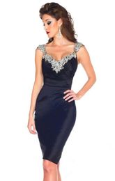 New Sexy Short Cocktail Dresses Cap Sleeve Scoop Neck Crystals Beadings Satin Sheath 2021 Party Gowns Custom Made2345276