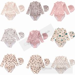 Girls printed one-piece swimsuits summer kids sun protection quick drying long sleeve swimming children SPA beach pool bathing suits Z7614