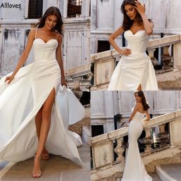 Simple Satin Boho Garden Mermaid Wedding Dresses With Detachable Train Spaghetti Straps Modest Bridal Gowns Pleated Sexy High Split Backless Robes de Mariee CL2032
