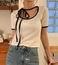 Women's T Shirts KUSAHIKI Korean Niche Design Hanging Neck With Edge Color Blocking Collar Tie Y2k Top Slimming Short Sleeved Tee T-shirt