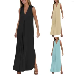 Casual Dresses Women Oversized Sleeveless Tank Dress Flowy Deep V Neck Loose Floor Length Long Side Slit Solid Colour Maxi
