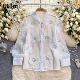 Women's Blouses Korean Women Summer Sweet Appliques Flowers Sequins Shirts Female White Long Sleeve Shirt See Through Tops Blusas Mujer