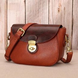 Bag Form Retro Handmade 2024 First Layer Cow Leather Women Solid Colour Hasp Small Saddle Shoulder Messenger Bags