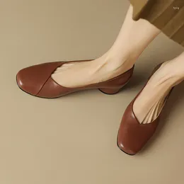 Casual Shoes Square Toe Shallow Women Flats Brown Leather Office Lady Work Creepers Autumn Single Espadrilles Chaussure Femininos Sapatos