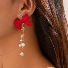 Stud Earrings Red Bow Pearl Zirconia Tassels For Women Fashion Jewellery Light Luxury Minimalist Accessories