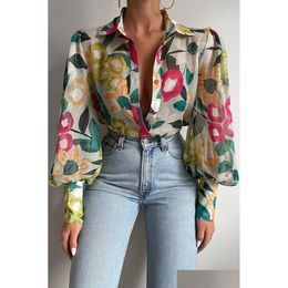 Women'S Blouses & Shirts Womens Spring Print Shirt Single Breasted Lantern Sleeve Loose Female Elegant Casual Vintage Office Ladies C Dhu0K